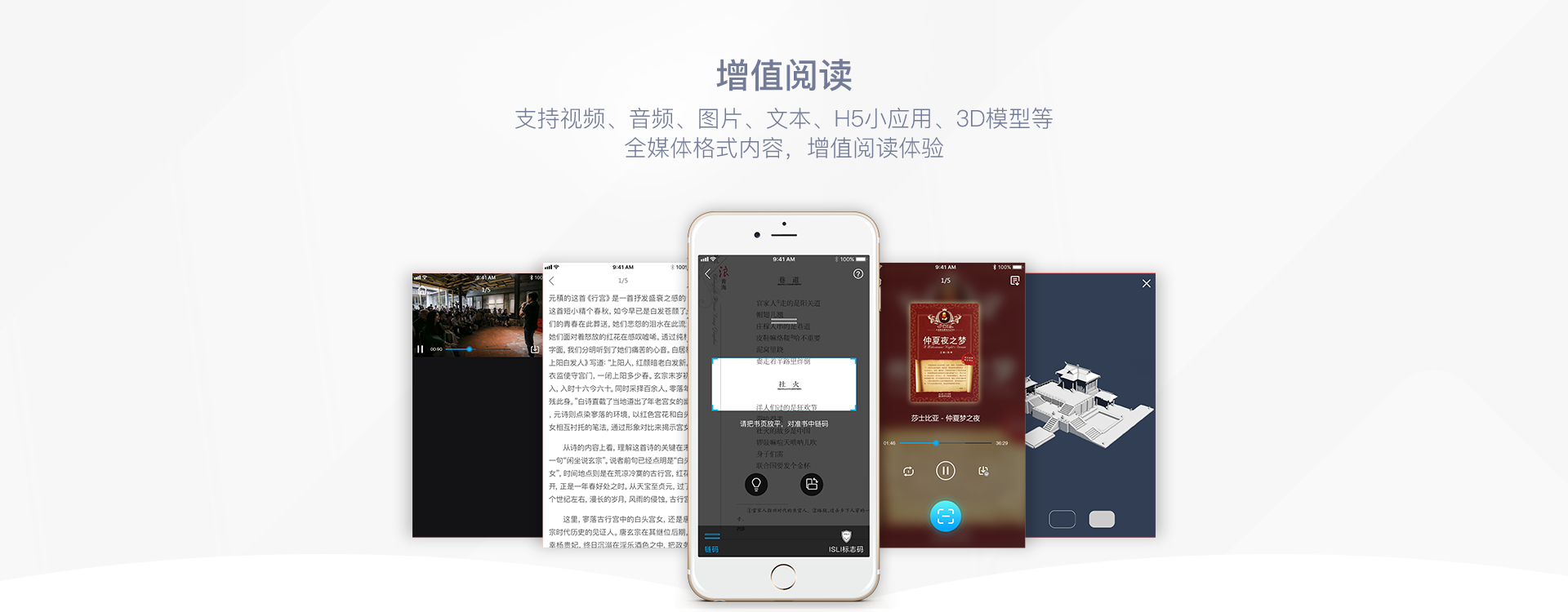 增值阅读 支持视频、音频、图片、文本、H5小应用、3D模型等 全媒体格式内容，增值阅读体验